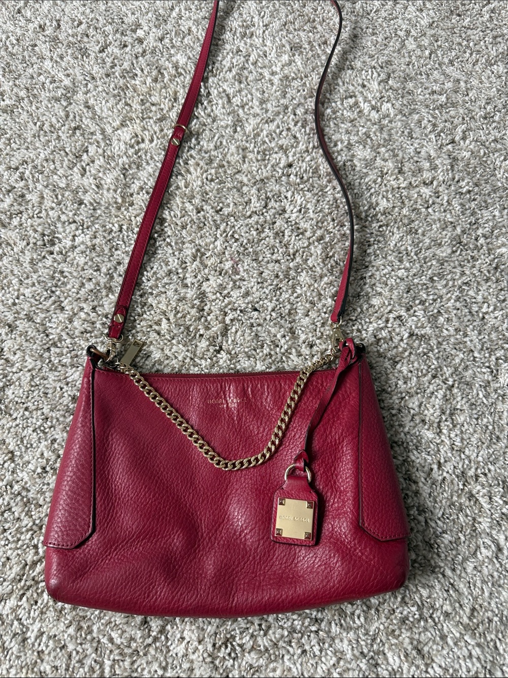 Henri Bendel Berry Red Leather Crossbody Bag with Gold Chain Accent - Picture 1 of 9